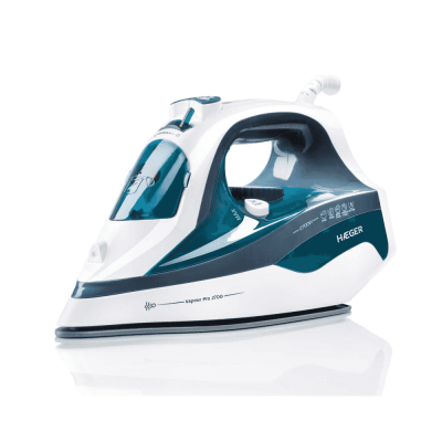 Ferro de engomar HÆGER branco e azul-escuro sobre fundo branco