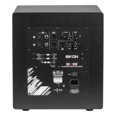 Coluna de som preta Eikon EK10SW vista traseira com conectores e controles