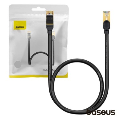 Cabo Baseus preto com conectores dourados e embalagem branca com detalhe amarelo