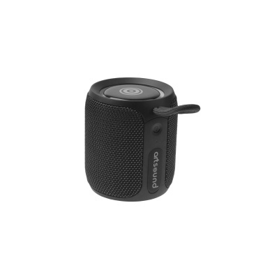 Coluna portátil preta com superfície têxtil e alça lateral