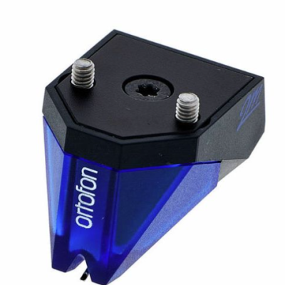 Ponteira Ortofon azul e preta para gira-discos com parafusos visíveis
