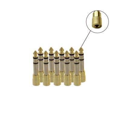 Dez adaptadores áudio metálicos dourados e prateados com duas bandas pretas cada, sobre fundo branco