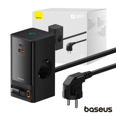 Extensão elétrica Baseus preta com tomadas USB e elétrica junto à caixa do produto