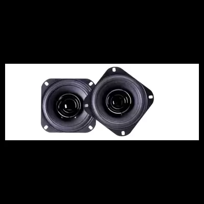 Par de altifalantes quadrados pretos com moldura e cone em tecido