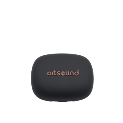 Estojo compacto preto com texto artsound em bronze