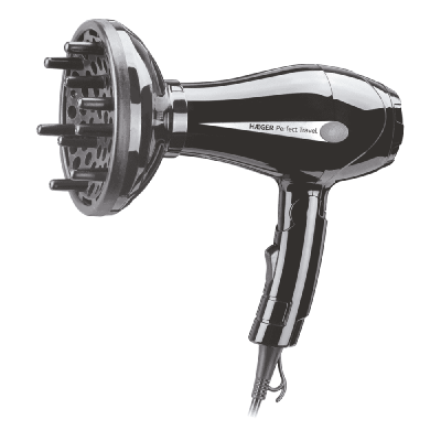 Secador de cabelo preto com difusor e texto HAGER Perfect travel
