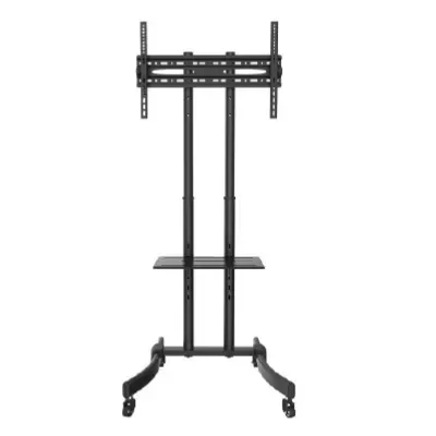 Suporte móvel para TV preto com prateleira de vidro e rodas