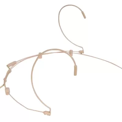 Microfone de cabeça bege com esponja amarela e cabo fino