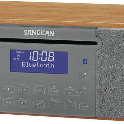 Rádio Bluetooth Sangean com ecrã digital e laterais em madeira clara