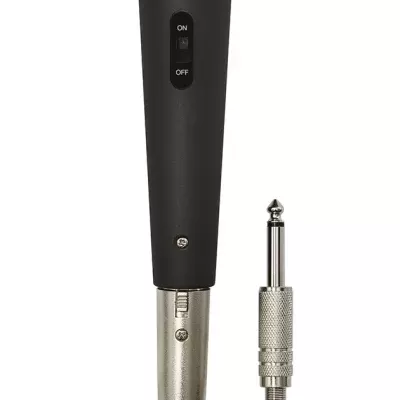 Microfone preto FONESTAR com botão on/off e cabo com ficha jack prateada