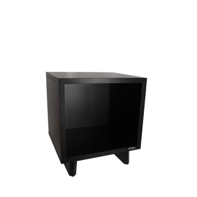 Móvel cubo preto com porta de vidro fumado e pés curtos