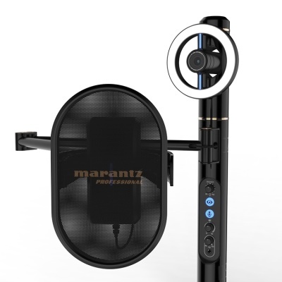 Microfone profissional Marantz preto com proteção pop e suporte