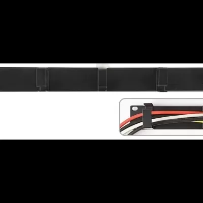Suporte de montagem em rack preto para organização de cabos com presilhas de fixação