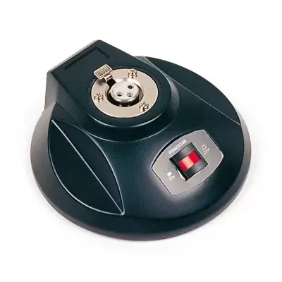 Base preta redonda com conector metálico e botão vermelho de ligar/desligar