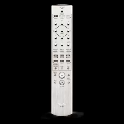 Comando remoto Denon prateado com botões e texto RC-1213