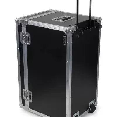 Mala de transporte preta rígida com armação metálica e rodas