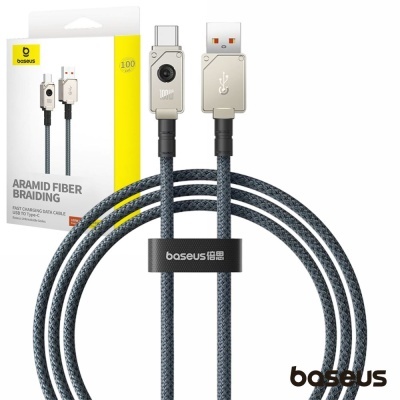 Cabo Baseus USB para USB-C com revestimento de fibra aramida e embalagem branca amarela