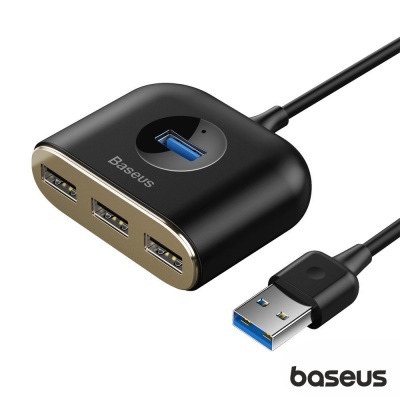 Adaptador USB Baseus preto com três portas USB 3.0 e cabo integrado
