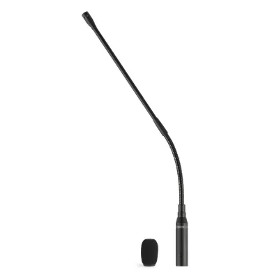 Microfone direcional preto com haste flexível e tampa de espuma