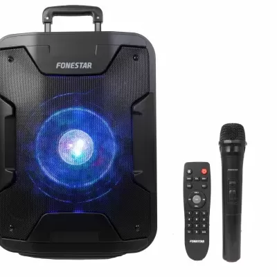 Coluna portátil FONESTAR preta com luz azul, microfone sem fios e comando remoto