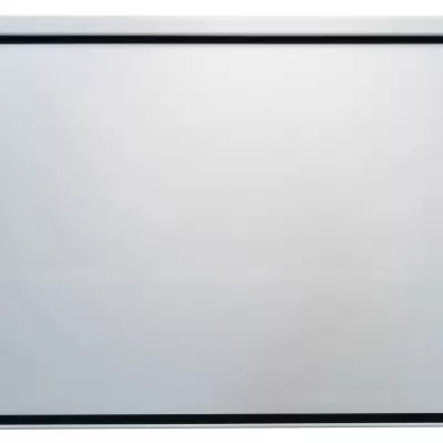 Ecrã de projeção branco com moldura preta e cabo de controlo pendurado