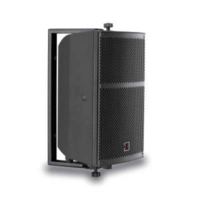 Coluna de som preta com suporte metálico e grelha perfurada