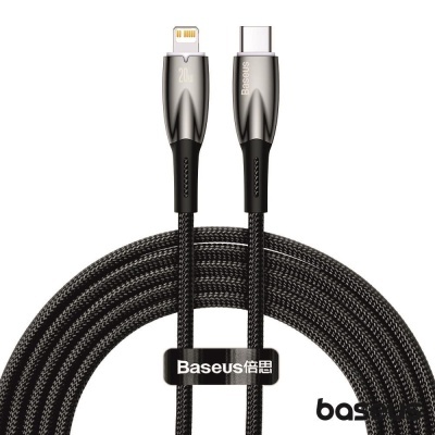 Cabo carregador Baseus preto com conetores USB-C e Lightning e revestimento em nylon.