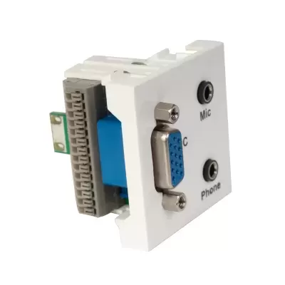 Tomada de parede branca com conector VGA azul, entradas 3.5 mm para microfone e auriculares