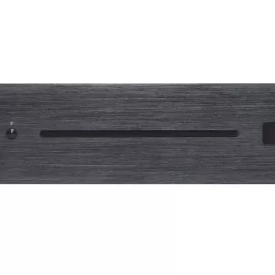 Leitor de DVD preto com visor digital e botão rotativo power.