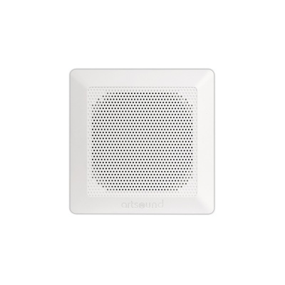 Coluna de som quadrada branca com grelha perfurada no centro e 'artsound' gravado