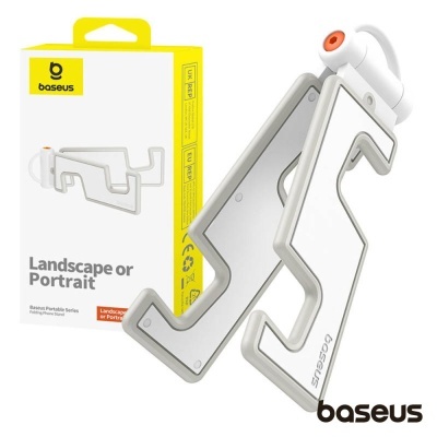 Suporte para telemóvel Baseus em plástico cinzento com borracha branca e embalagem amarela e branca