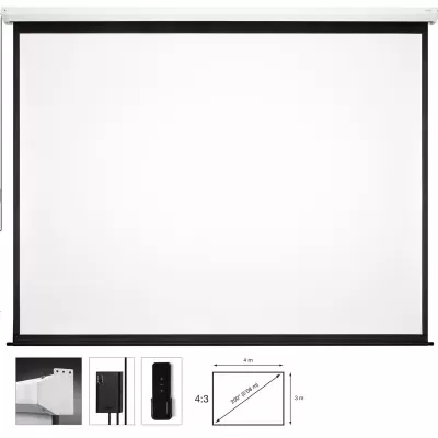 Ecrã de projeção branco com moldura preta e mecanismo de recolha manual