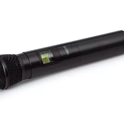 Microfone sem fios preto com visor digital e botão