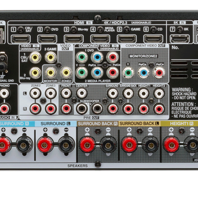 Painel traseiro de recetor áudio vídeo Denon AVR-X1700H preto com várias portas e terminais