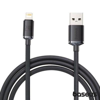 Cabo de carregamento Baseus USB e Lightning preto com revestimento têxtil.