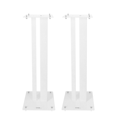Par de suportes brancos para colunas de som de metal com base quadrada.