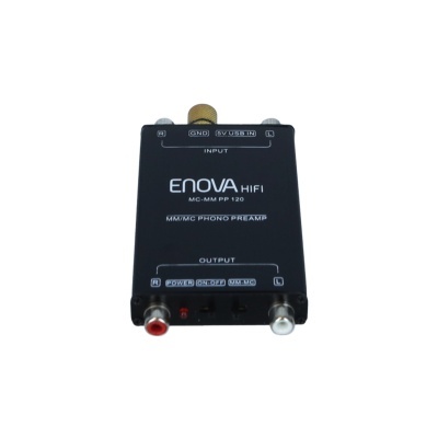 Pré-amplificador phono ENOVA HIFI preto com entradas e saídas RCA e botões