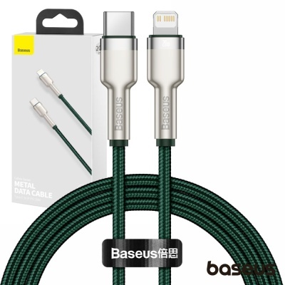 Cabo de dados Baseus USB-C para Lightning revestido em tecido verde e preto