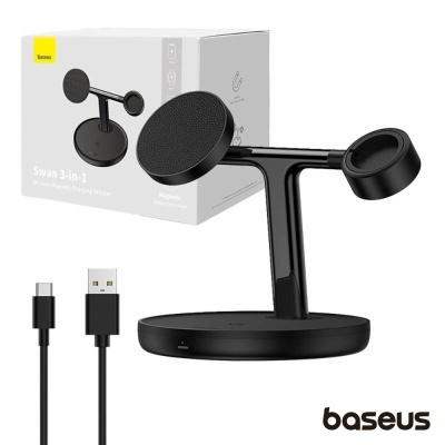 Suporte de carregamento Baseus Swan 3-in-1 preto com cabo USB