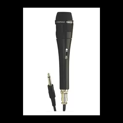 Microfone preto com botão liga/desliga e cabo com conector jack em fundo branco