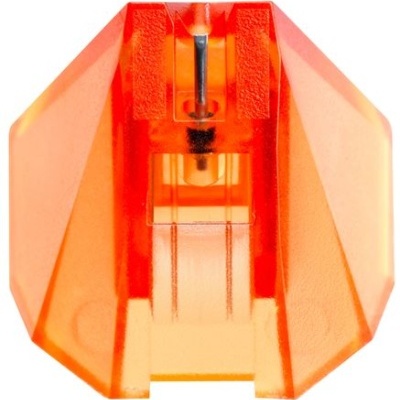 Agulha de gira-discos em plástico laranja translúcido com detalhe metálico