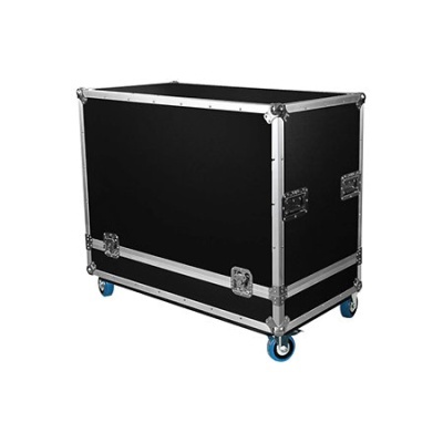 Caixa de transporte preta com rodas e estrutura metálica