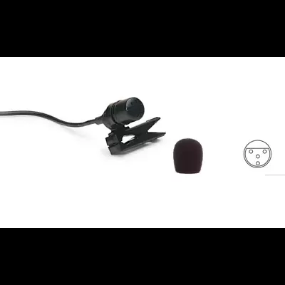 microfone de lapela preto com clipe, espuma e conector XLR