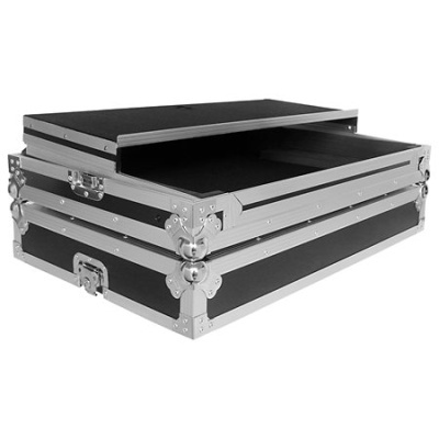 Mala rígida preta com armação metálica e prateleiras deslizantes