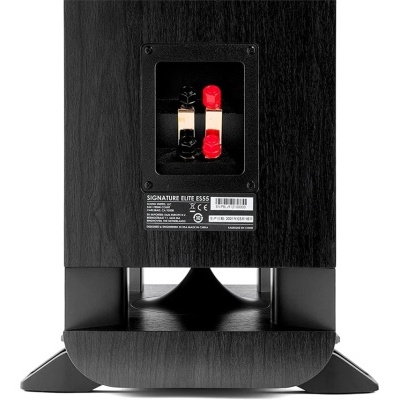 Coluna de som preta com suporte e placa técnica na parte traseira