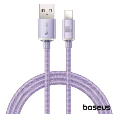 Cabo USB Baseus lilás com conector USB Tipo A e USB Tipo C, texto Baseus e 100W