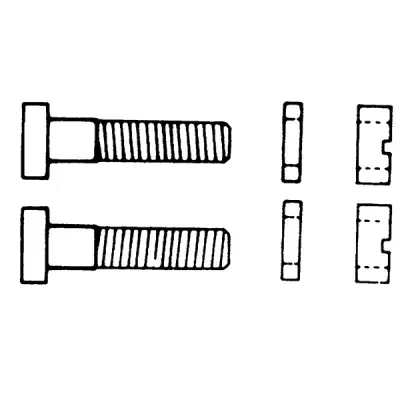 Dois parafusos de cabeça quadrada com roscas e duas porcas com ranhuras, em fundo branco