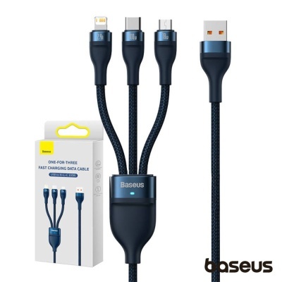 Cabo Baseus ONE-FOR-THREE com três conetores e embalagem