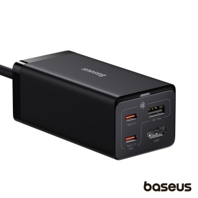 Carregador Baseus preto com múltiplas portas USB e HDMI