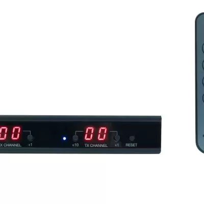 Receptor e transmissor HDMI preto com ecrã digital e comando remoto cinzento